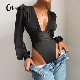 CNYISHE Black Deep V Neck Bodysuit Women Rompers Sexy Bodycon Jumpsuit Solid Elastic Casual Party Bodysuits Body Tops Overalls 210401