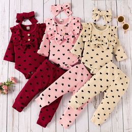 autumn spring Kids ribbed Clothing Set Cute Baby heart print Long Sleeve bow top pants headbands 3pcs/set children casual Outfits M3919