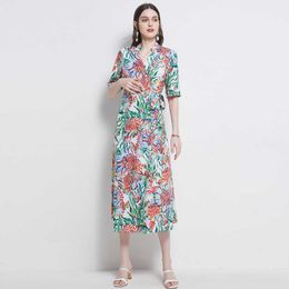 Women Summer Designer Elegant Wrap Dress Fashion Loose Casual Party Robe Ladies Vintage Floral Printting Long Dress Vestidos 210525