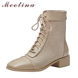 Meotina Genuine Leather Mid Heel Short Boots Women Shoes Square Toe Chunky Heels Zip Cross Tied Ankle Boots Autumn Winter Khaki 210520
