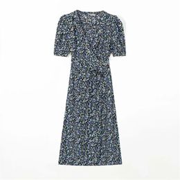 Sexy Short Sleeve Wrap midi Dress France Blue Rose Tree Print Women Chic Summer dress shawl collar cover Split vestidos 210520