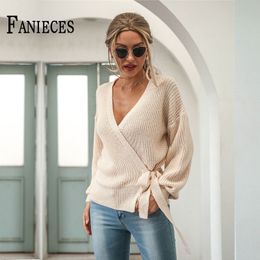 Women Autumn Winter Fashion Bandage Sweaters knitted Casual V-neck Tie Pullovers Sweater Long Sleeve Knitting Tops Streetwear 210520