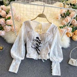 Spring Lace Bottoming Blouse Female Hollow Open Back Blusa Square Neck Slim Short Puff Sleeve Shirt C343 210507