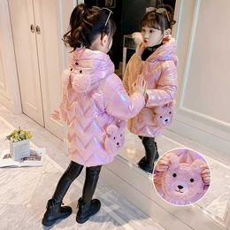 Winter Girls Jacket Bear Backpack Long Shiny Children's Coat High Quality Waterproof Thick Warm Outerwear For Girl Colthes TZ03 H0909