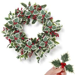 christmas tree leaves UK - Decorative Flowers & Wreaths 5pcs Artificial Holly Berry With Leaves For Christmas Tree Decor Wedding Party Holiday Gift Cake Toppers Craft