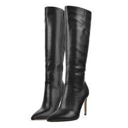Winter Pointed Toe Knee High Boots Stiletto High Heels Soft PU Leather Flock Concise Side Zipper 2022 New