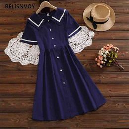 Japanese Preppy Style Kawaii Dresses Summer Women Sailor Collar Short Sleeve Cute Mini Dress Cotton Femininos Vestidos 210520