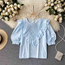 Women Fashion Sweet Blouse Round Neck Short Sleeve Ruffled Pleated Shirt Summer Blusas Mujer Tops S053 210527