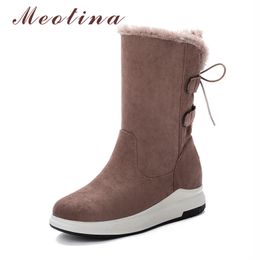 Mid Women Platform Flat Calf Boots Snow Round Toe Fashion Lace Up Female Shoes Warm Winter Black Big Size 43 21051 25