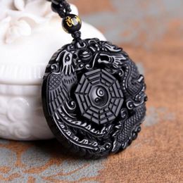 Natural Black Obsidian Hand Carving Chinese Dragon BaGua with Lucky Amulet Pendant Free Necklace Jewelry Fine
