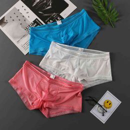 3PC Mens Underwear Boxers Translucent Underwear Ice Silk Men's Panties Large Size Men's Shorts with Print Low-Rise Breathable H1214