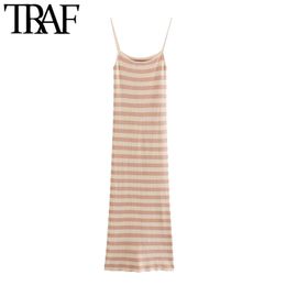 TRAF Women Chic Fashion Striped Knitted Midi Dress Vintage O Neck Thin Straps Female Dresses Vestidos Mujer 210415