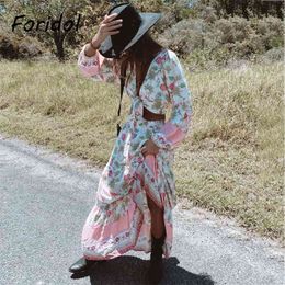 Foridol Floral Print Bohemian Summer Dress Sets Women Two Pieces Boho Lantern Sleeve Bowknot Long Dress Suits Summer 210415