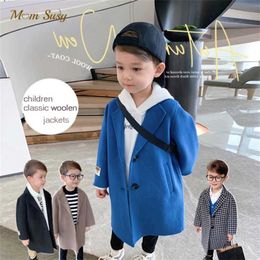 Baby Boy Girl Woollen Jacket Long Double Breasted Infant Toddle Lapel Tweed Coat Spring Fall Winter Outwear Clothes 1-12Y 211011