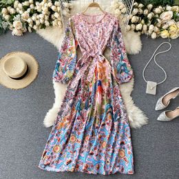 Women Court Wind Maxi Dress Autumn Design Hollow O Neck Long Sleeve A-line Dresses Vintage Bohemian Print Long Robe 210419