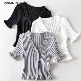 White Grey Korea Sexy Wood ears Open Buttons V neck Short sleeve Tee Women Knitted Tight t shirt Front Slit Crop Tops Knitwear 210429