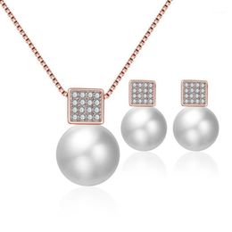 Earrings & Necklace 2021 Pearl Square Geometric Rose Gold Earring Set Bridal Wedding Fashion Temperament Jewelry
