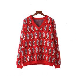 PERHAPS U Red Sweater Pig Print V Neck Knitted Pullovers Long Sleeve Winter Autumn M0200 210529