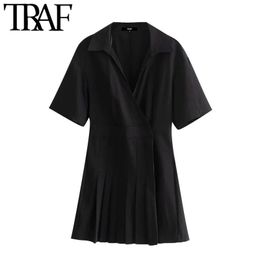 TRAF Women Chic Fashion Pleated Crossover Mini Dress Vintage V Neck Short Sleeve Female Dresses Vestidos Mujer 210415