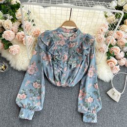 SINGREINY Women Bohemian Floral Blouse Sweet Puff Sleeve Single Breasted Casual Tops Spring Korean Chiffon Ruffled Print Blouses 210419