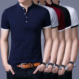 Summer Fashion Brand Clothing Tshirt Men Solid Color Slim Fit Short Sleeve T Shirt Men Mandarin Collar Casual T-Shirts