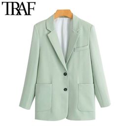 TRAF Women Fashion Office Wear Single Breasted Blazers Coat Vintage Long Sleeve Pockets Female Outerwear Chic Tops 211122