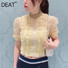 Women yellow patchwork folds chain Blouse O-neck short puff Sleeve slim Fit Shirt Fashion Tide summer 7E0090 210421