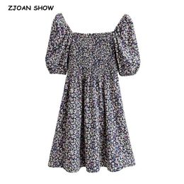Holiday Hit Colour Floral Print Elastic Ruched Dress Woman Short Puff Sleeve Swing A line Mini Dresses 210429