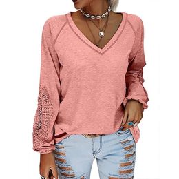 Women T Shirts Lace V Neck Tee Shirt Casual Long Sleeve Loose Blouses Pullover Tops