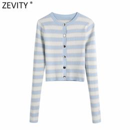 Women Fashion O Neck Long Sleeve Striped Knitting Sweater Female Breasted Slim Cardigan Chic Crop Tops SW828 210420