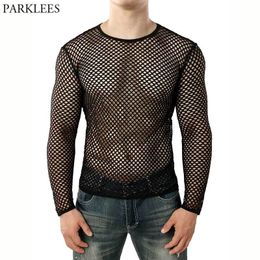 Men's Long Sleeve Mesh Fishnet T-shirt Sexy See Through Transparent Muscle Undershirts Hip Hop Streetwear Tops Tees 2XL 210522