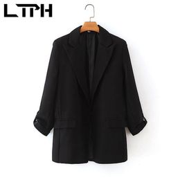 England Style None buckle cardigan women blazer temperament black jacket Rollable sleeves Casual Suit Coat Spring 210427