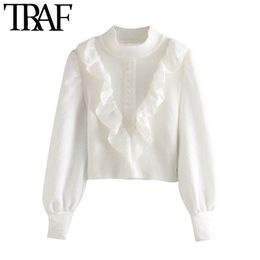 TRAF Women Fashion Patchwork Ruffled Knitted Sweater Vintage High Neck Lantern Sleeve Female Pullovers Chic Tops 210415