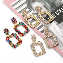 Wholesale ZA Long Metal Hollowed-out Hanging Colorful Crystals Dangle Drop Earrings Fine Jewelry Accessories For Women