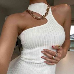 OMSJ Chic Asymmetry Elegant Maix Dress Womens Halter Ribbing Backless Split Midi Summer Club Party Sexy Slim Clothing 210517