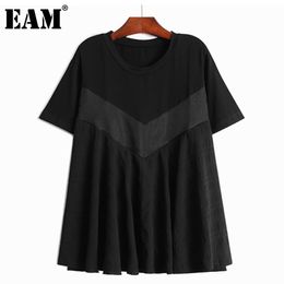 [EAM] Women Black Ruffles Big Size Patchwork T-shirt Loose Round Neck Short Sleeve Fashion Spring Summer 1DD6604 210512