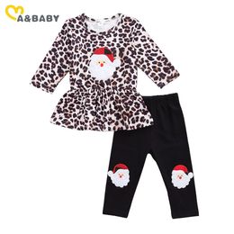 1-5Y Toddler Kid Girls Christmas Clothes Set Leopard Santa Claus T shirt Tunic Pants Xmas Outfits Children Costumes 210515