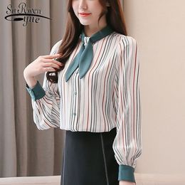 spring fashion women chiffon blouse Women Bow-tie tops long-sleeved shirt Office Lady shirts 2812 50 210521