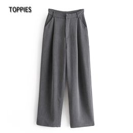 Woman Grey Suit Pants High Waist Wide Leg Female Elegant Full Length Trousers Casual Streetwear 210421