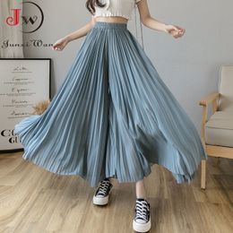 Summer Pleated Chiffon Wide Leg Pants Skirts Women Solid High Waist Korean Casual Elegant Loose Boho Trousers 210510