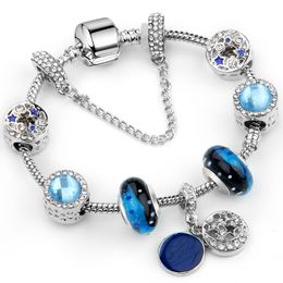925 Sterling Silver Blue Charm Bead fit European Pandora Bracelets for Women Blue Starry Sky Moon Stars Charm Beads Snake Chain Fashion Jewellery