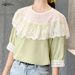 Chemisier Femme Summer Korean Elegant Ruffle Lace Chiffon Blouse Women Mesh Stitching Loose Comfortable Top 9555 210427