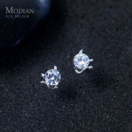 Trendy 100% 925 Sterling Silver Cute Demon Clear CZ Small Stud Earrings for Women Fashion Korean Fine Jewelry 210707