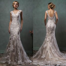 Vintage Amelia Sposa Full Lace Appliques Mermaid Wedding Dresses 2022 V-Neck Chapel Train Plus Size Bridal Party Gowns