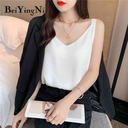 Sexy Women's Top Plain Chiffon Casual Elegant Luxury Harajuku Tank Tops Female White Black Korean Camis Summer OL 210506