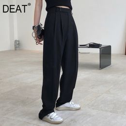 High Waist Button Fly Solid Pockets Wide Leg Trousers Full Length Mall Goth Y2k Clothes Street Spring GX356 210421