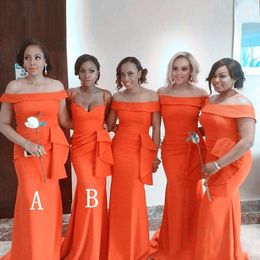 -Мода оранжевые русалки платья подружки невесты 2021 ruffles длинная лодка шея горничная честь платье выпускного вечера для женщин платья