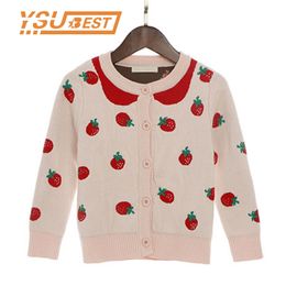 1-6Yrs Girls Autumn Winter Girl Pink Princess Knitted Jacket Female Baby Cotton Small Strawberry Sweater Cardigan 210417