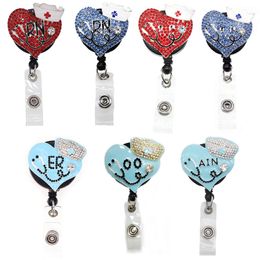 Hot Salling Key Rings Red Blue Heart Shape RN ER AIN Eyes Crystal Rhinestone Retractable Working Badge Holder Medical ID Reel With Cilp