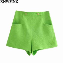 Women Green Fashion textured bermudas with buttons Female high-waist bermuda invisible side zip shorts Chic short pants 210520